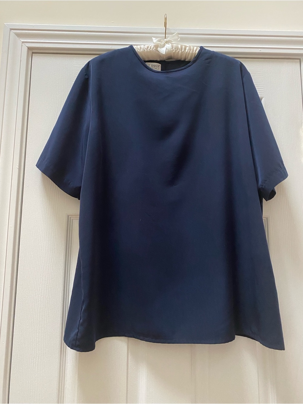 Vintage Liz Baker Essentials Navy Blue Polyester Short Sleeve Blouse, Women’s 1X
